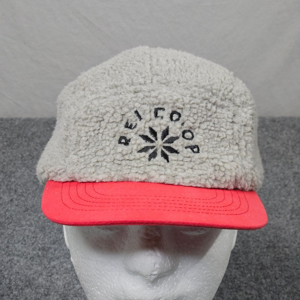 REI Coop Fleece 5-Panel Hat Gray Red Sherpa Snapback Camper Cap Outdoor Gorpcore